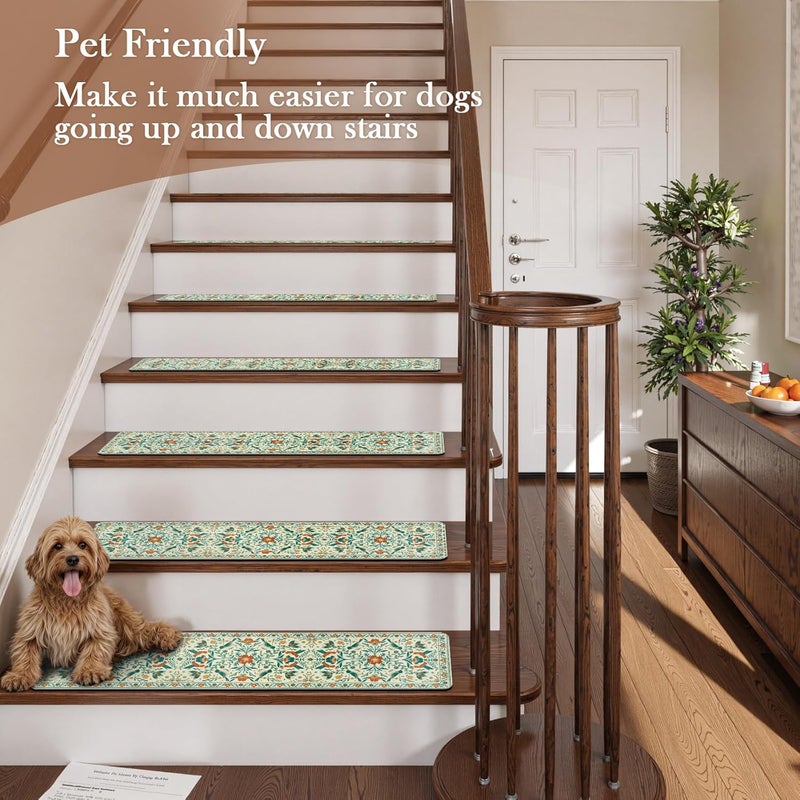 Ojia Floral Stair Treads Non-Slip Stair Runner for Wooden Steps Indoor 15PCS 30"x8" Carpet Stair Treads Stair Mats Staircase Step Treads for Kids, Elders and Dogs, Stair Covers, Beige - Image 5